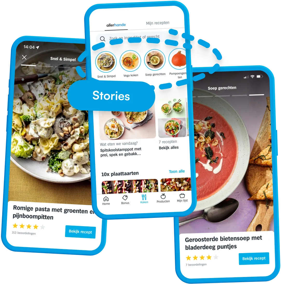 Screenshots of stories, where a row of topics is shown that can be tapped by the user. A fullscreen photo of a recipe then opens with the title and rating in the bottom of the screen. Users swipe or tap through this collection of recipes.