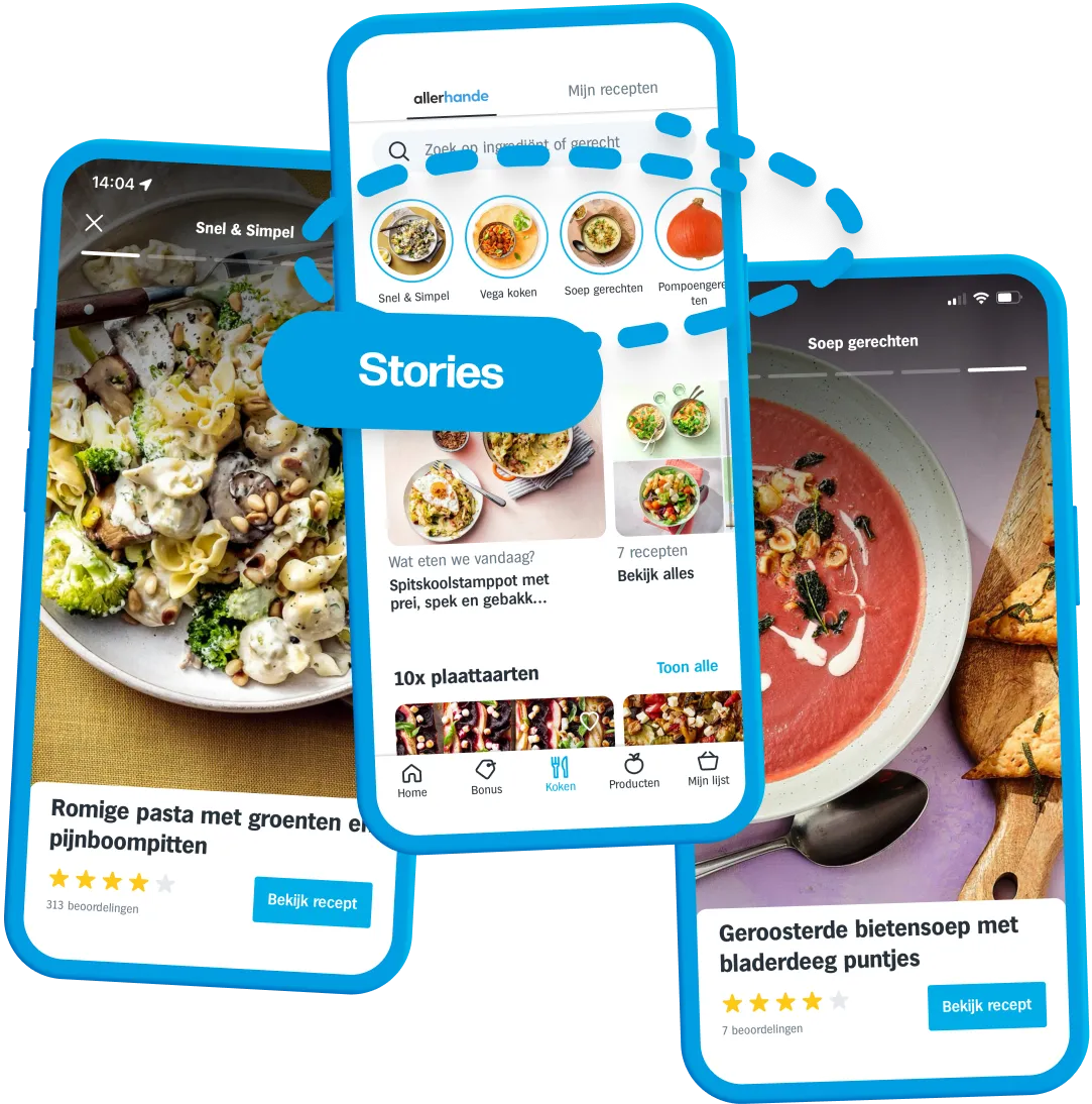 Screenshots of stories, where a row of topics is shown that can be tapped by the user. A fullscreen photo of a recipe then opens with the title and rating in the bottom of the screen. Users swipe or tap through this collection of recipes.