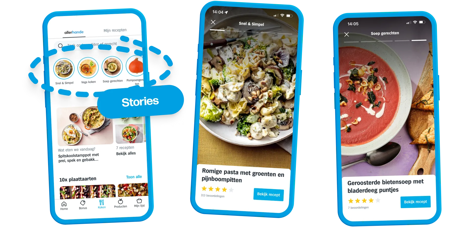 Screenshots of stories, where a row of topics is shown that can be tapped by the user. A fullscreen photo of a recipe then opens with the title and rating in the bottom of the screen. Users swipe or tap through this collection of recipes.