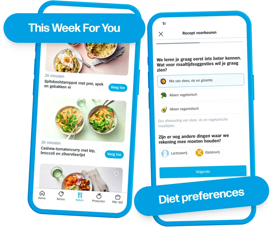 Screenshot of the This Week For You feature, where a list of personal recipe suggestions is shown. A second screenshot shows the preferences users can set to influence these suggestions.