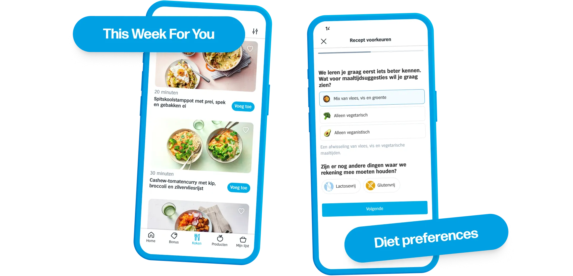 Screenshot of the This Week For You feature, where a list of personal recipe suggestions is shown. A second screenshot shows the preferences users can set to influence these suggestions.