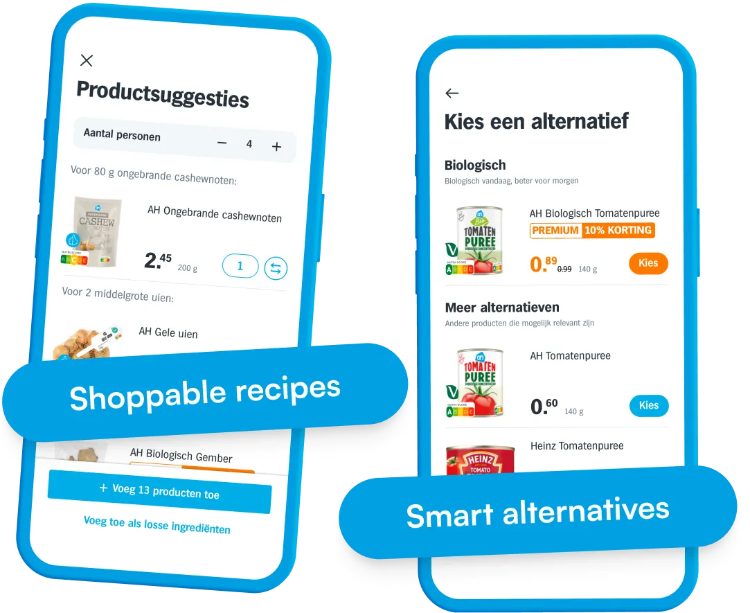 Screenshots of shoppable recipes. A list of ingredients gets converted to products the user can add to their cart with the tap of a button. If users want to switch, they can use the alternatives button to switch up individual products, like switching it to an organic alternative.