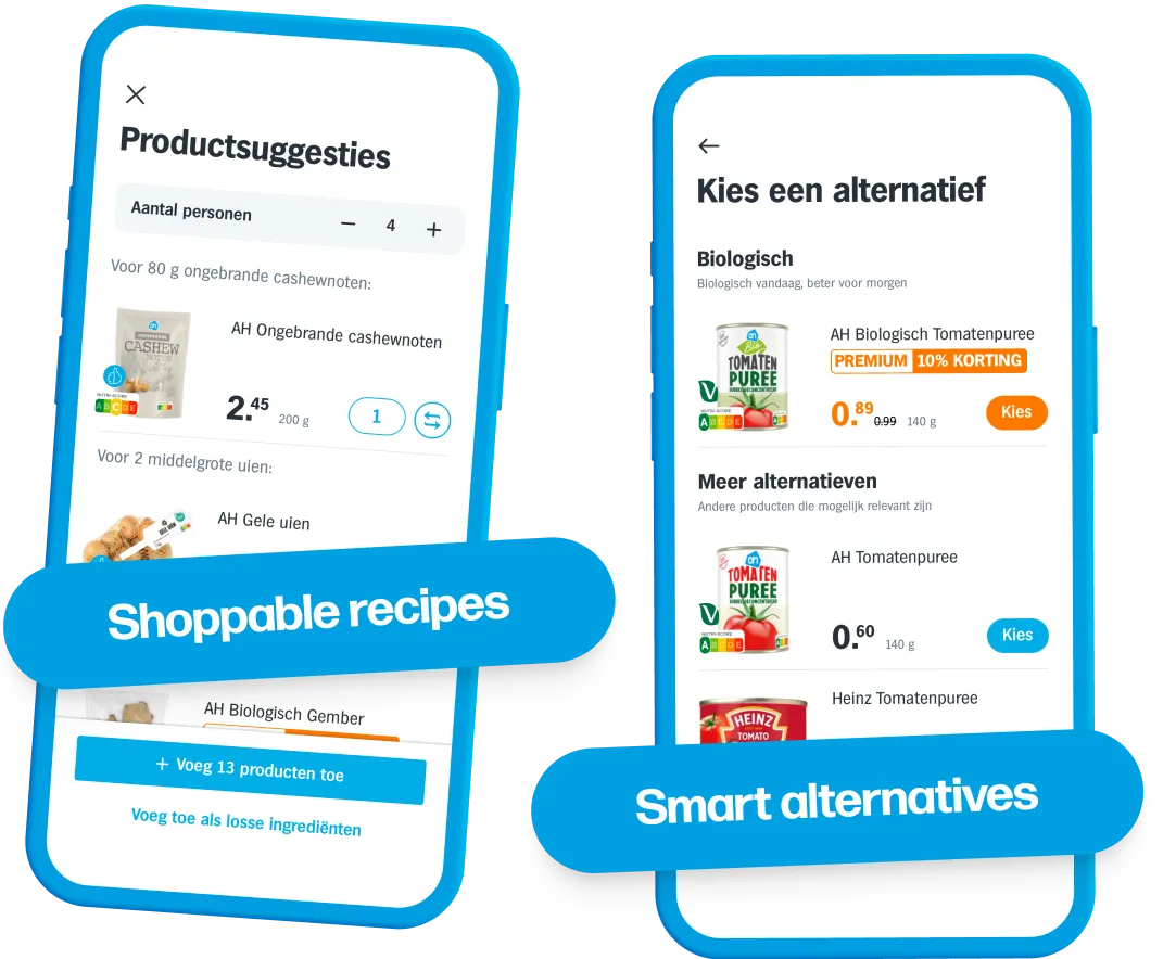 Screenshots of shoppable recipes. A list of ingredients gets converted to products the user can add to their cart with the tap of a button. If users want to switch, they can use the alternatives button to switch up individual products, like switching it to an organic alternative.