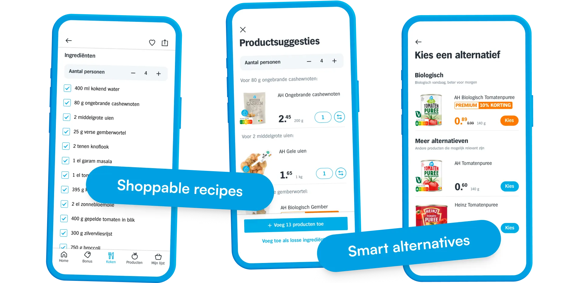 Screenshots of shoppable recipes. A list of ingredients gets converted to products the user can add to their cart with the tap of a button. If users want to switch, they can use the alternatives button to switch up individual products, like switching it to an organic alternative.