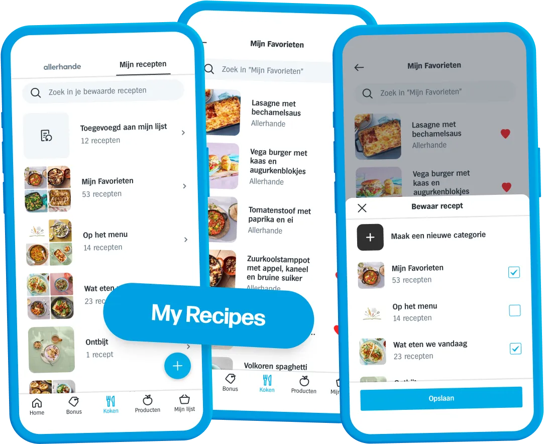 Screenshots of the My Recipes section of the Cooking tab, where users can save their favourite recipes and sort them into categories.