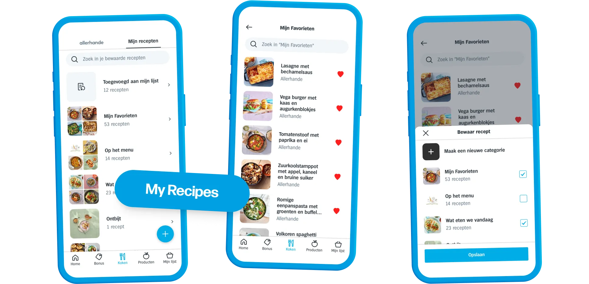 Screenshots of the My Recipes section of the Cooking tab, where users can save their favourite recipes and sort them into categories.