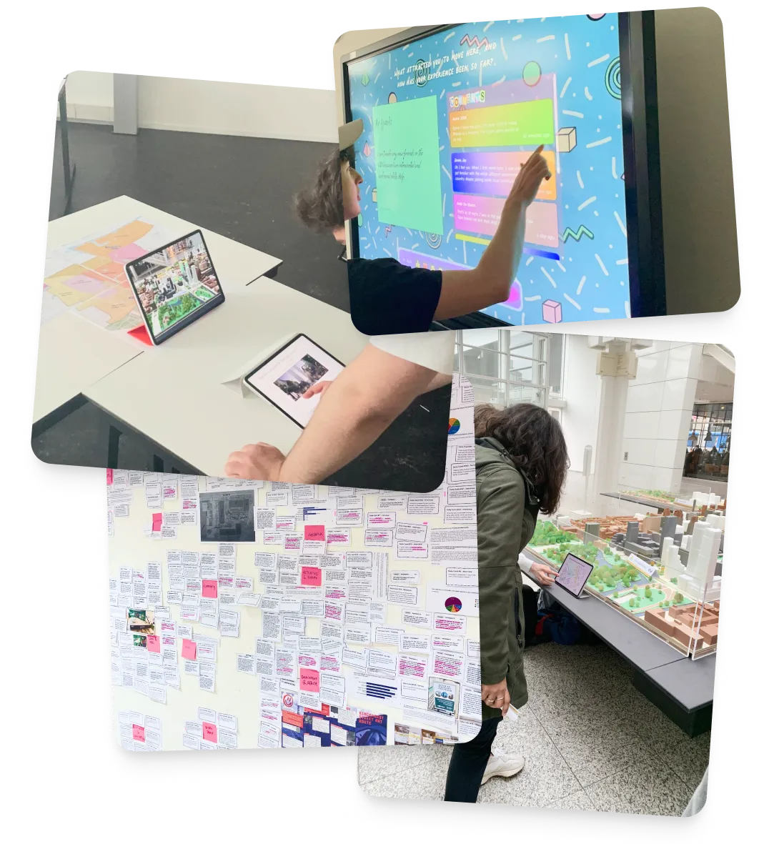 Photos of usability tests. Participants interact with a variety of touchpoints on different types of screens