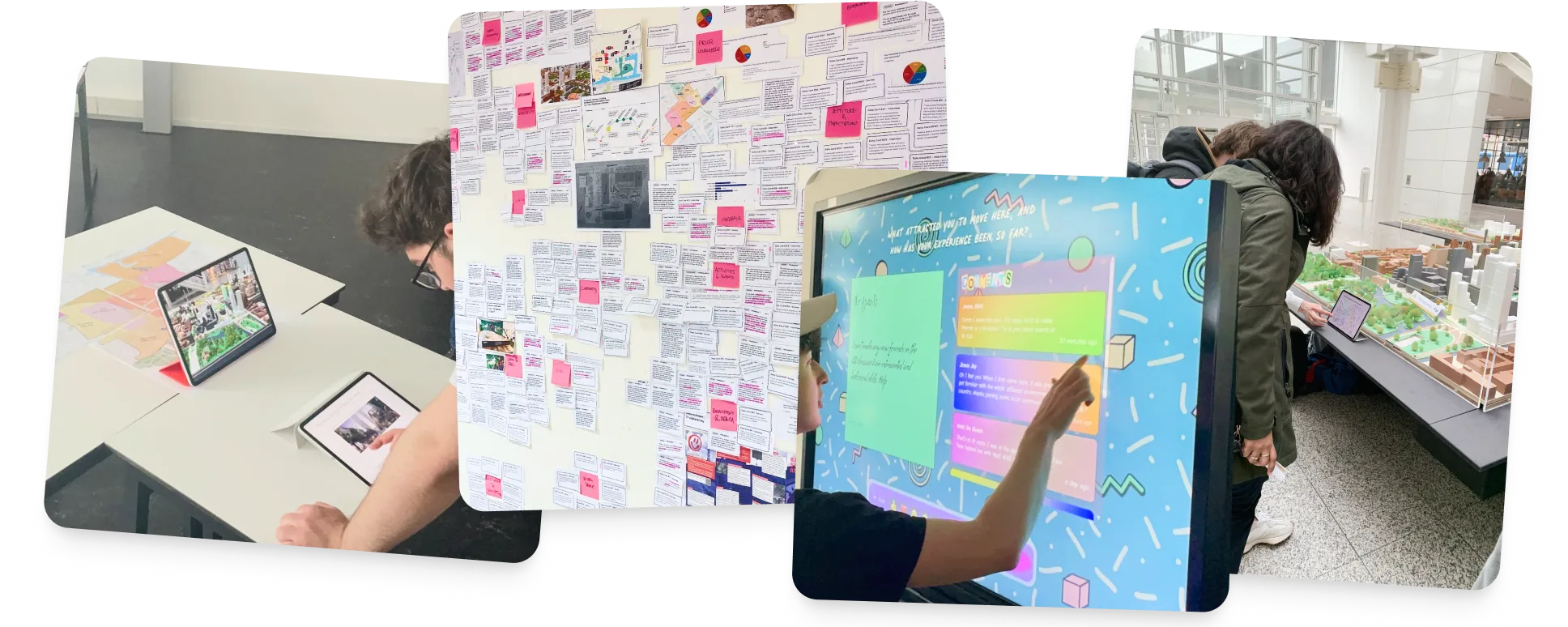 Photos of usability tests. Participants interact with a variety of touchpoints on different types of screens