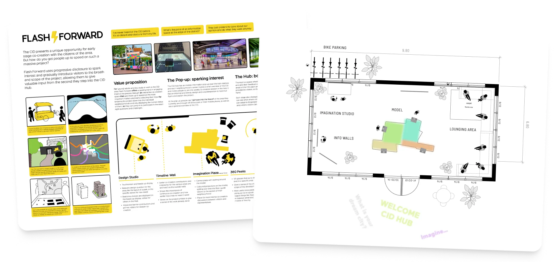 A poster of one of the concepts developed during the process, called Flash Forward, and a first floor plan for the Hub