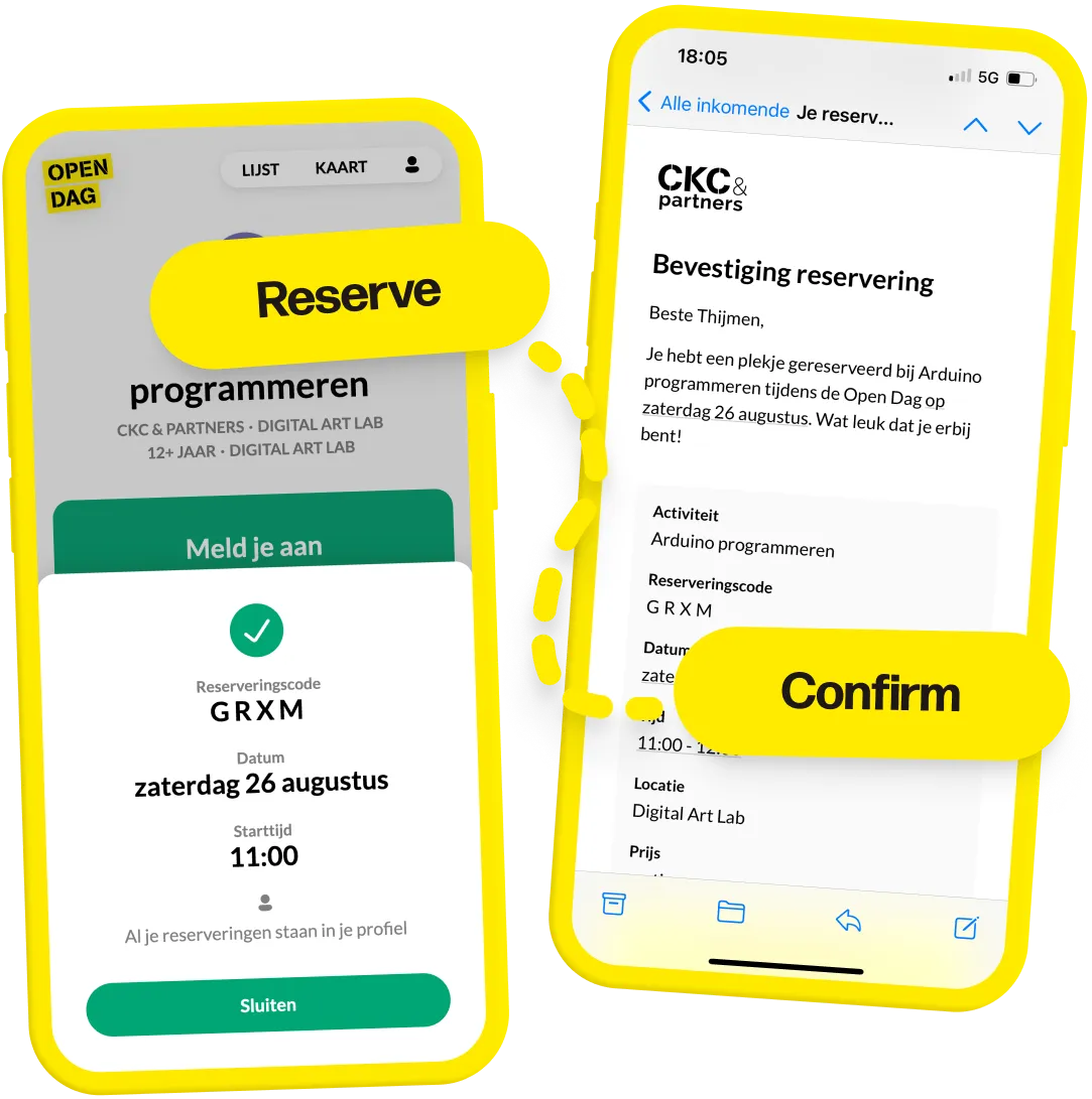 The flow of reserving a timeslot goes from claiming it in the app, to receiving the confirmation email, and ends with a personal schedule in the web app