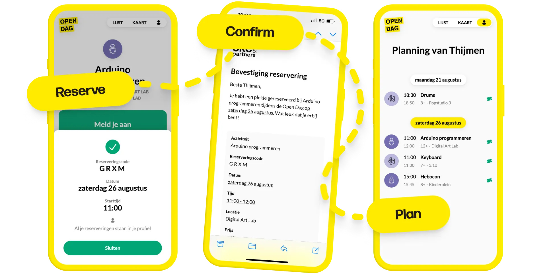 The flow of reserving a timeslot goes from claiming it in the app, to receiving the confirmation email, and ends with a personal schedule in the web app