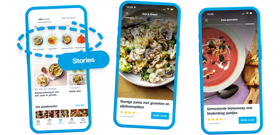Screenshots of stories, where a row of topics is shown that can be tapped by the user. A fullscreen photo of a recipe then opens with the title and rating in the bottom of the screen. Users swipe or tap through this collection of recipes.