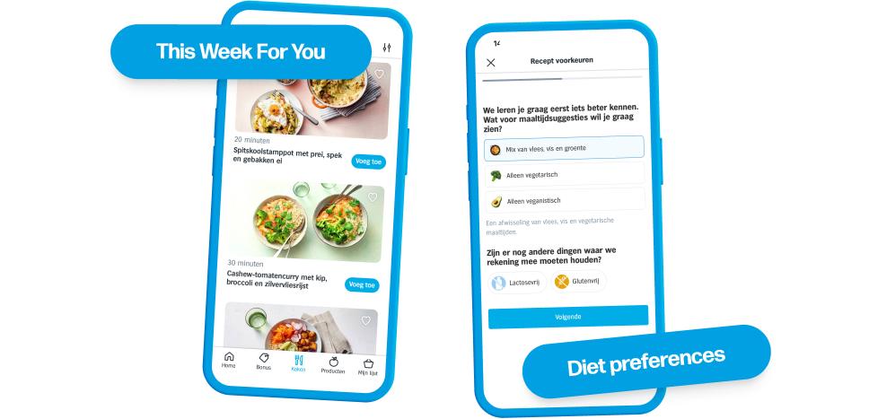 Screenshot of the This Week For You feature, where a list of personal recipe suggestions is shown. A second screenshot shows the preferences users can set to influence these suggestions.