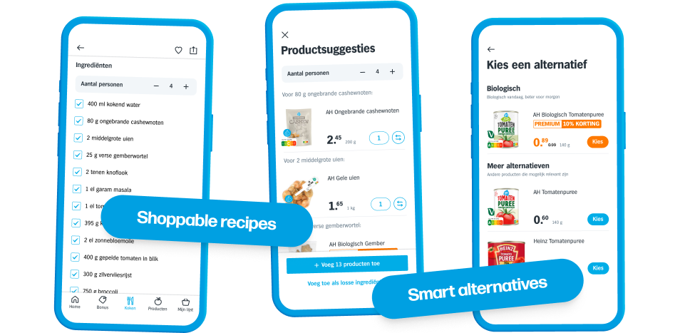 Screenshots of shoppable recipes. A list of ingredients gets converted to products the user can add to their cart with the tap of a button. If users want to switch, they can use the alternatives button to switch up individual products, like switching it to an organic alternative.