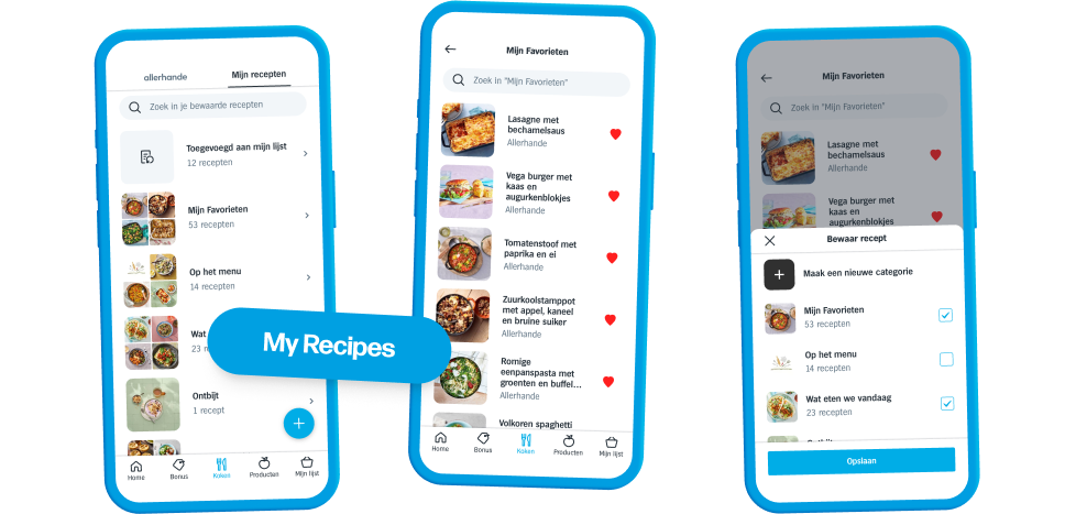 Screenshots of the My Recipes section of the Cooking tab, where users can save their favourite recipes and sort them into categories.