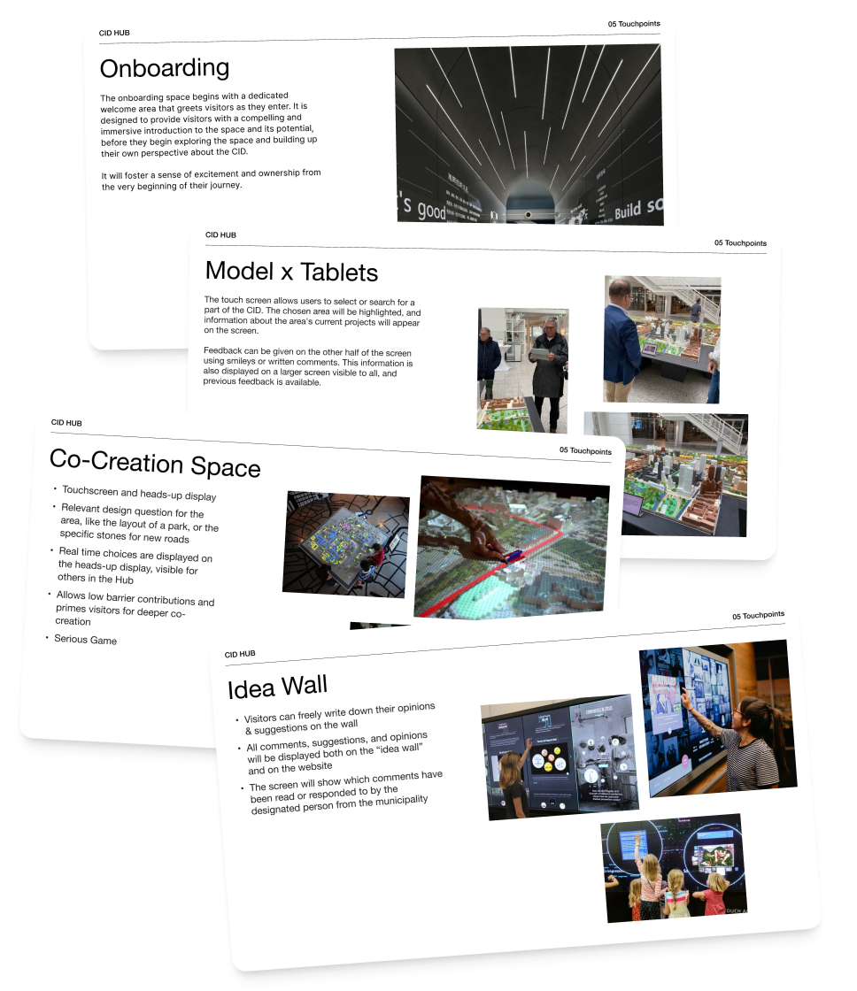 Presentation slides of the final concepts, highlighting four major touchpoints: Onboarding, the Model and Tablets, the Co-Creation Space, and the Idea Wall.