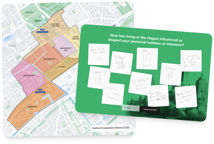 A collage of pictures of the CID: a map of the district, a screenshot of a prototype where visitors can share personal stories, and a usability test with an iPad in front of a large scale model of the district