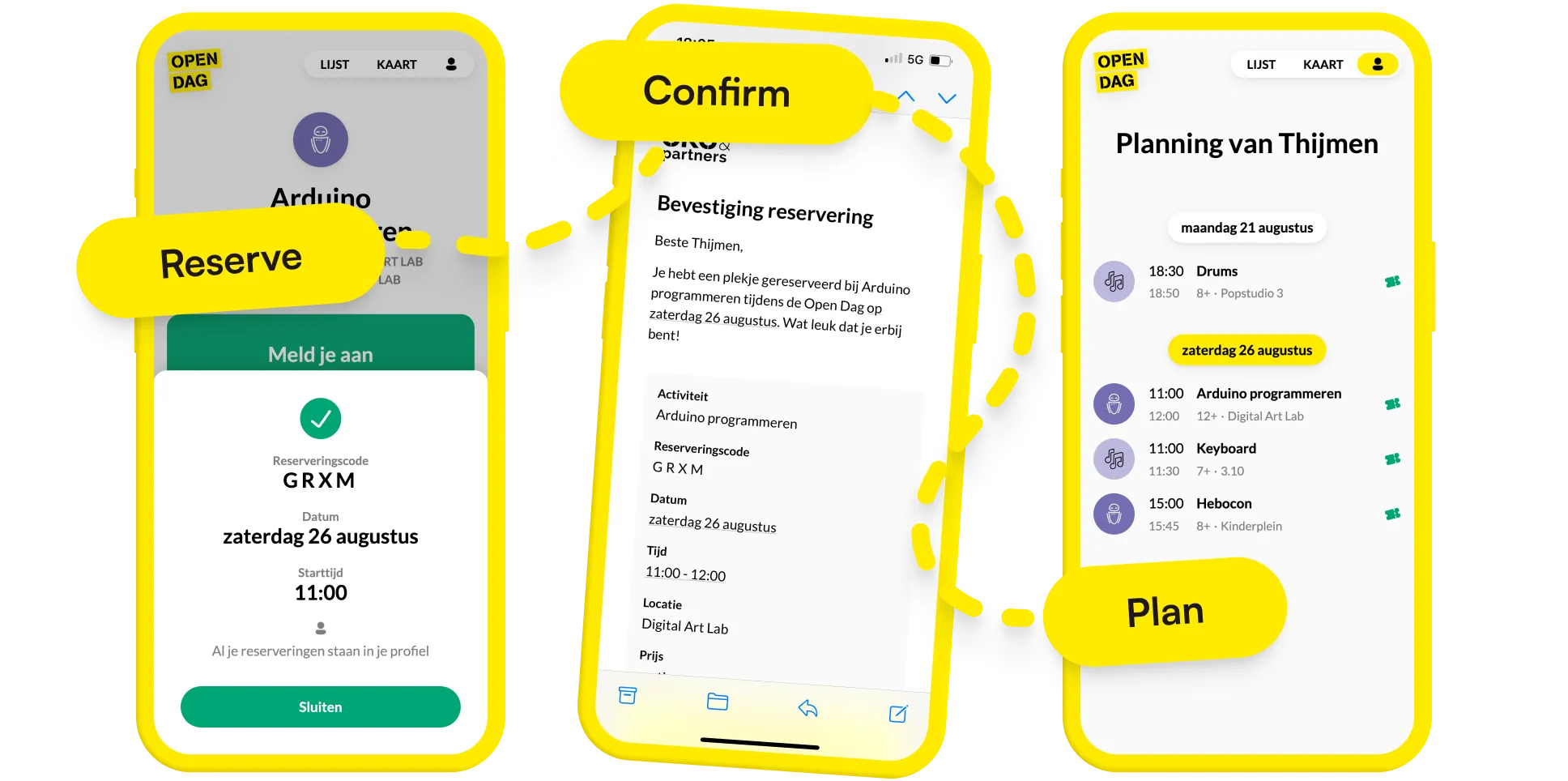 The flow of reserving a timeslot goes from claiming it in the app, to receiving the confirmation email, and ends with a personal schedule in the web app
