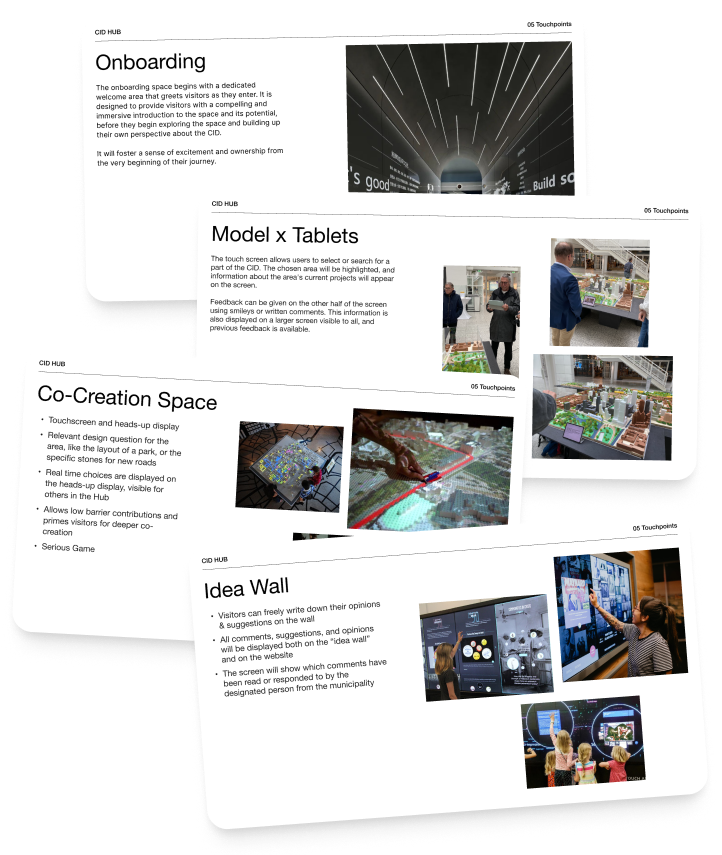 Presentation slides of the final concepts, highlighting four major touchpoints: Onboarding, the Model and Tablets, the Co-Creation Space, and the Idea Wall.